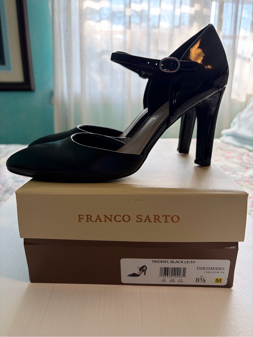 Franco Sarto Trident Black Pointed Mary Jane Heels with Ankle Strap - Picture 7 of 11